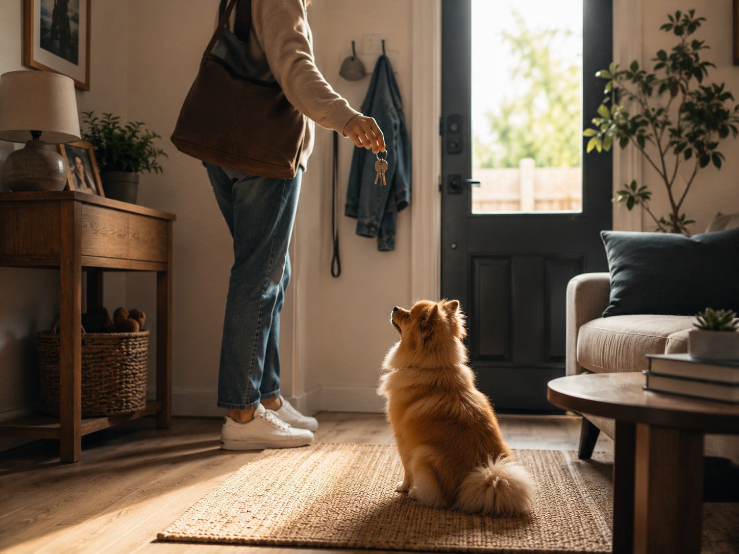 dog watching owner pick up keys, alert posture, indoor home setting, natural light
