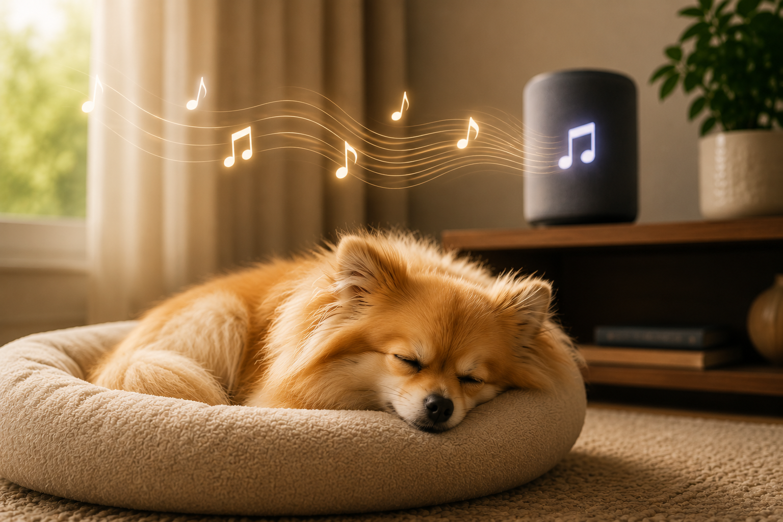 Relaxed dog resting peacefully while calming music plays in the background.