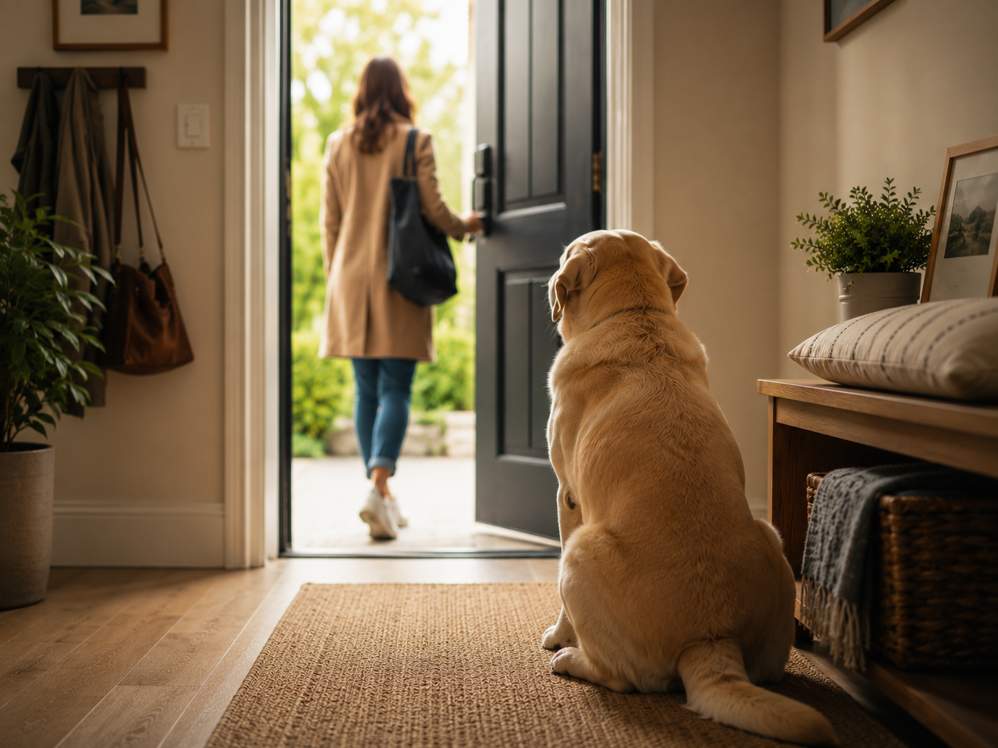 dog calmly watching owner leave home, soft natural light, peaceful home environment