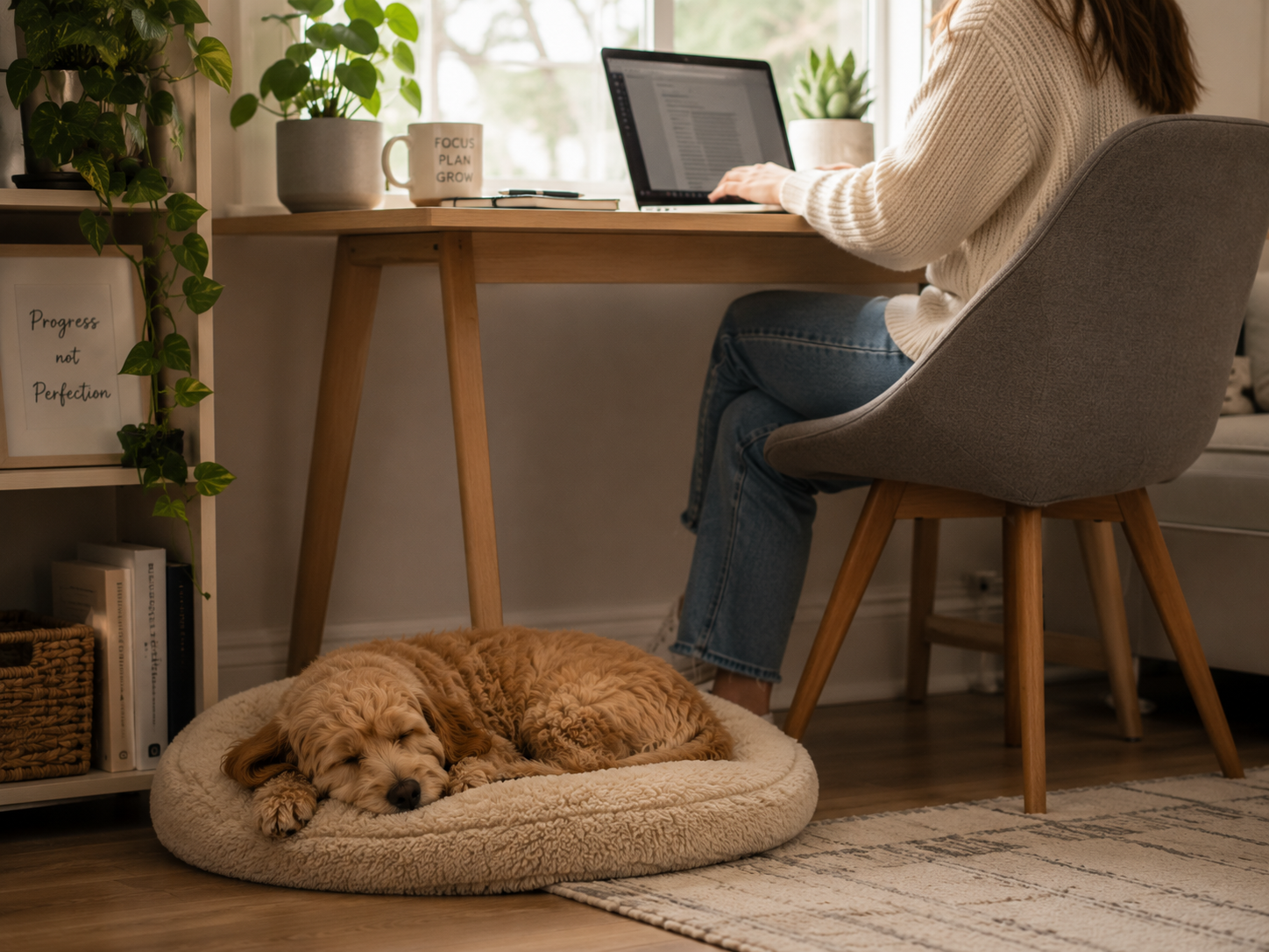 puppy resting near owner working from home at desk, calm indoor environment with natural light