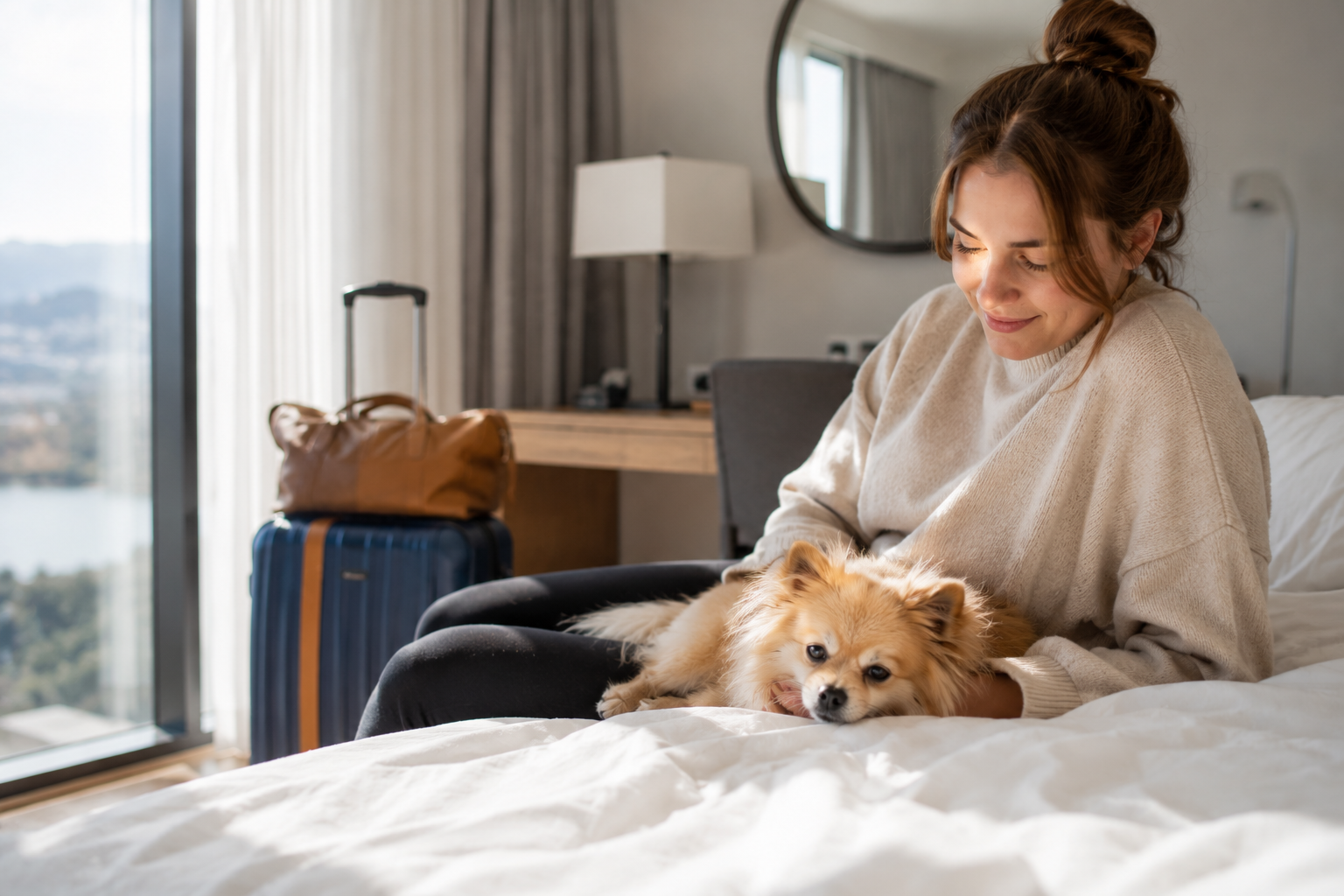 Dog resting beside its owner in a hotel room while adjusting to a new environment during separation anxiety recovery.