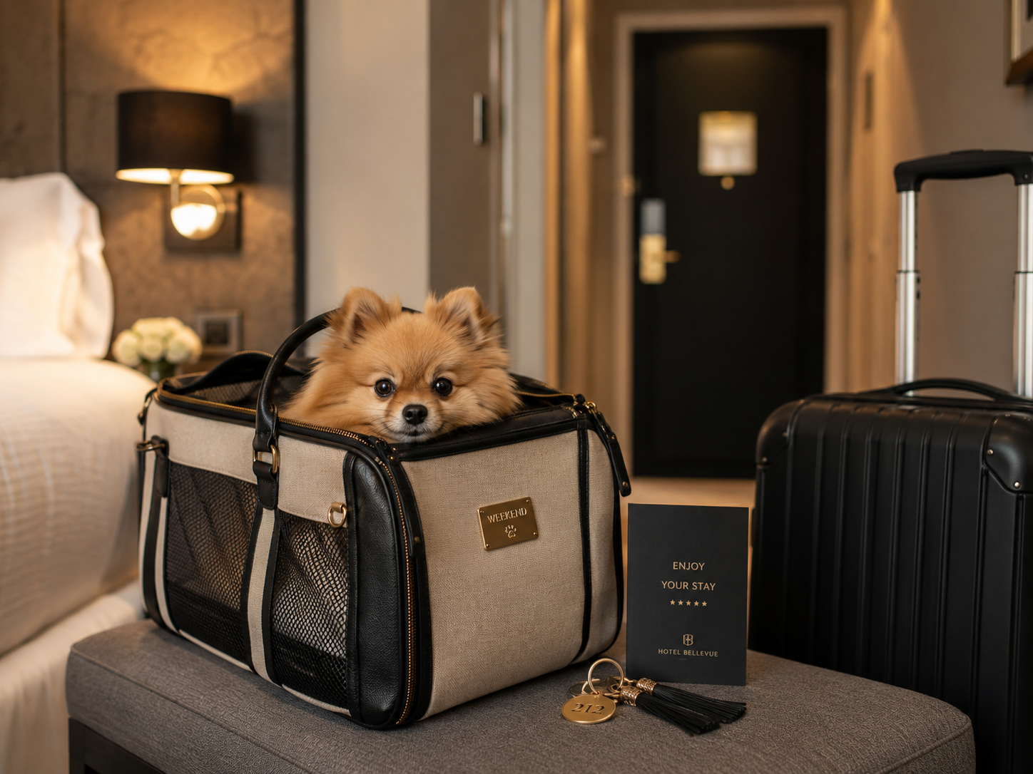 small dog resting beside owner in a modern hotel room, travel bag in background, calm atmosphere