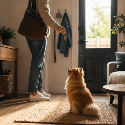 dog resting calmly at home while owner prepares to leave, relaxed posture, natural light