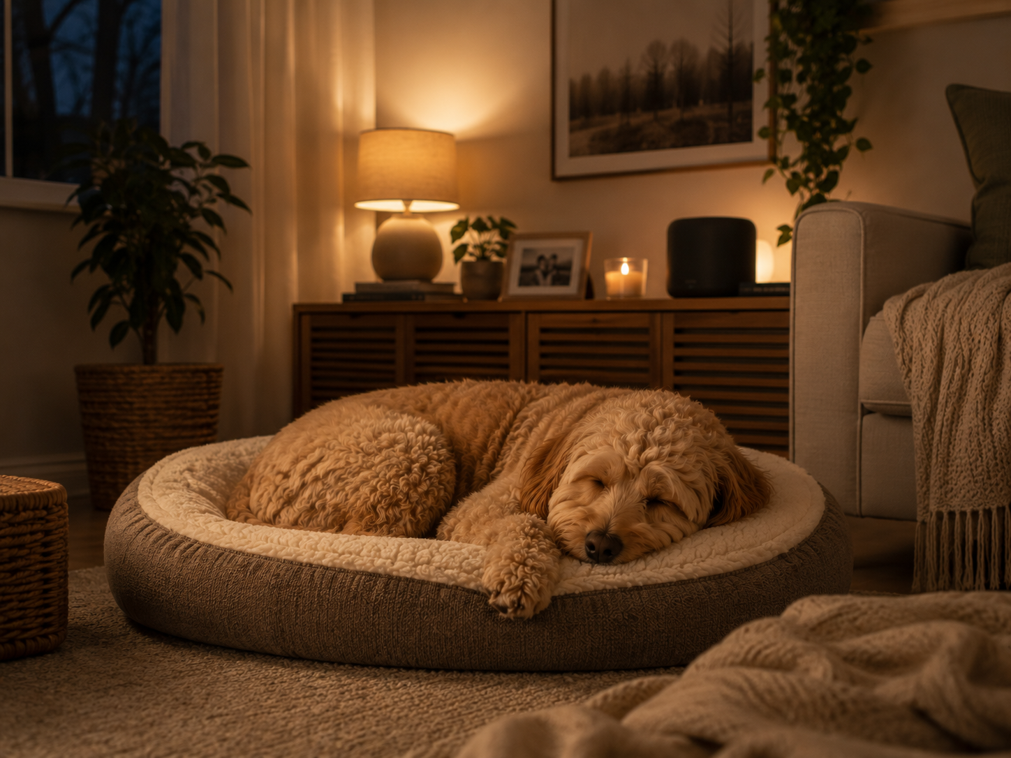 dog resting calmly at home with soft background sound playing, relaxed indoor environment