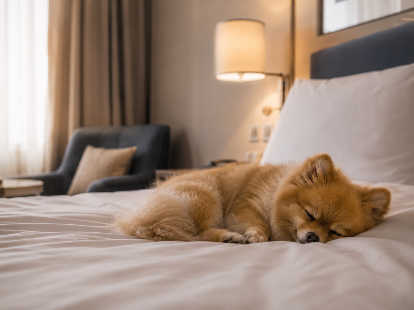dog resting calmly on bed in a structured home environment, soft natural light